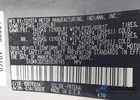 2011 Toyota Sienna Le V6/Le V6 Auto Access Seat из США, поврежденный, VIN 5TDKK3DC5BS036145